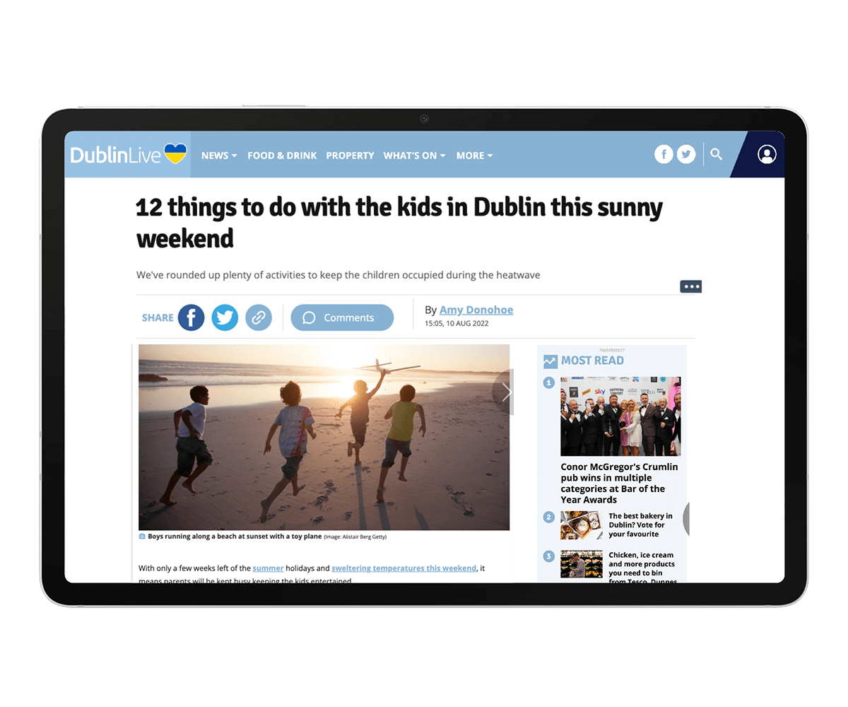 Tablet device showing a sponsored content article on DublinLive website