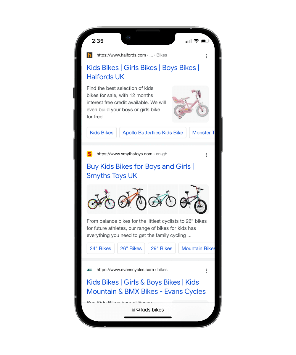 Search results on google mobile