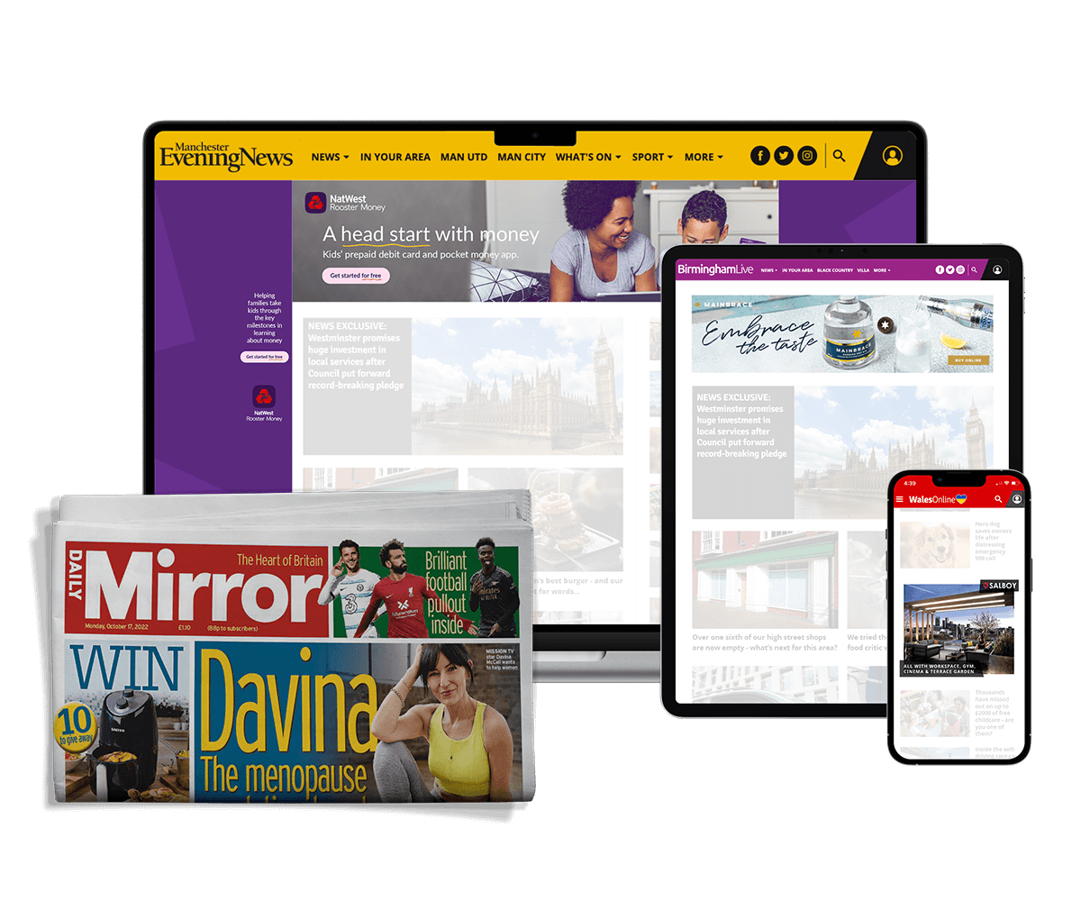 Mirror newspaper, Laptop, Manchester Evening News, Tablet Birmingham Live, Mobile Wales online, showing ads